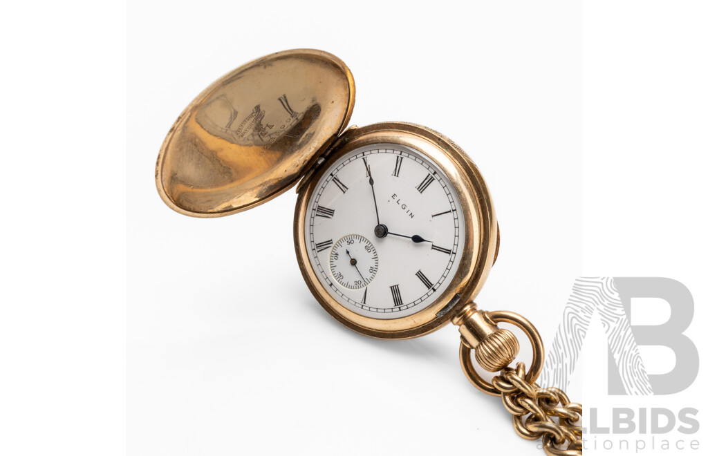 Vintage 9ct Pocket Watch & Heavy Chain by Keystone & Elgin - 8235992 - 73.06g