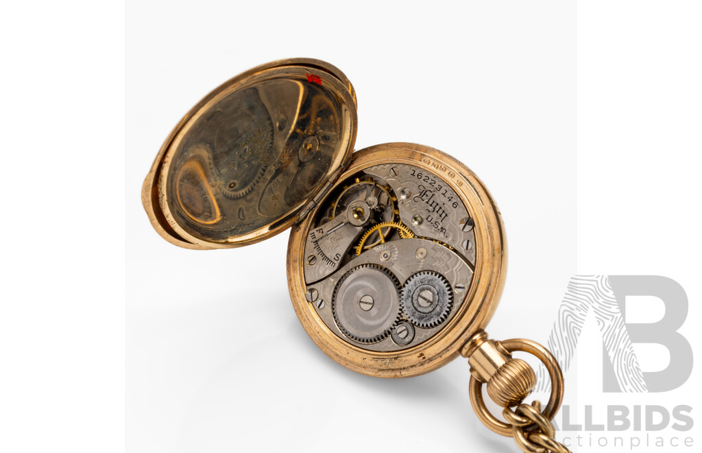 Vintage 9ct Pocket Watch & Heavy Chain by Keystone & Elgin - 8235992 - 73.06g