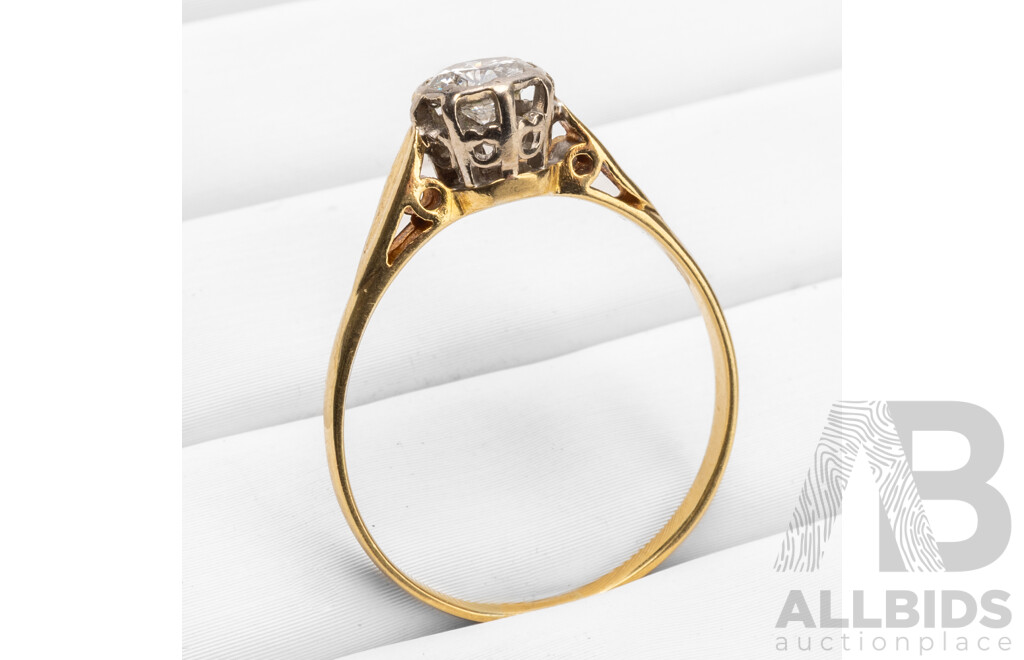 Vintage 18ct Yellow/White Gold & Diamond Solitaire Ring - Size T