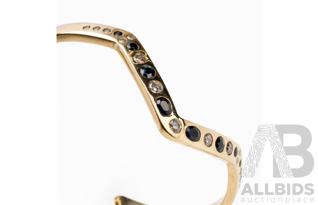 Handmade 9ct Yellow Gold Open Cuff Bangle with Diamonds & Sapphires - 19.99g