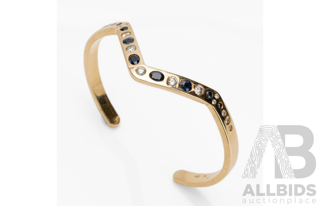 Handmade 9ct Yellow Gold Open Cuff Bangle with Diamonds & Sapphires - 19.99g