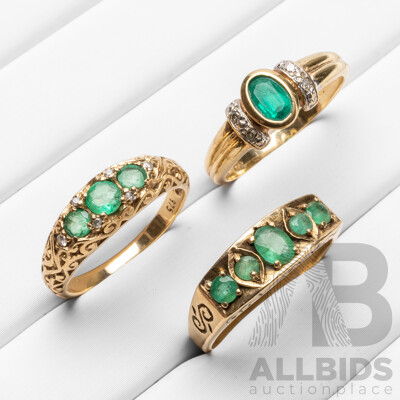 Vintage 9ct Yellow Gold & Emeralds Rings - Lot of 3