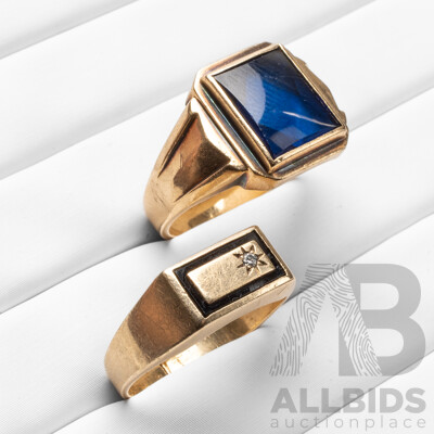 Vintage 9ct Yellow Gold Signet Rings with Diamond, Onyx & Created Sapphire - 9.84gms