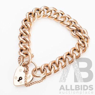 Vintage 9ct Rose Gold Large Curb Link Bracelet with Heart Clasp - 44.5gms