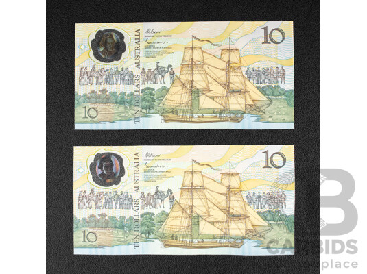 Two Australian 1988 UNC Ten Dollar Notes, Bicentennial , Consecutive R310b