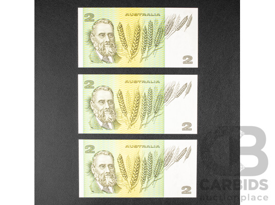 Three Australian 1979 Two Dollar Notes, Knight/ Stone, R87 Consecutive, JYR 113953 - JYR 113955