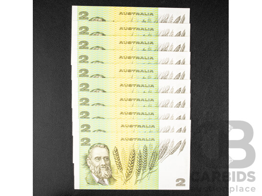 Ten Australian UNC 1974 Two Dollar Notes, Phillips/Wheeler R85 JDE 642511 - JDE 642520