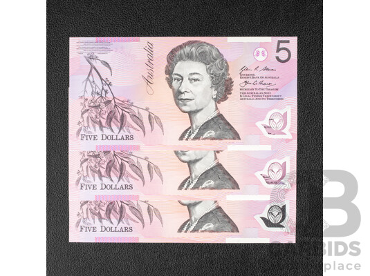 Two 2016 UNC Five Dollar Notes, Stevens/Fraser Consecutive UNC, CB 15996245 - CB 15996246