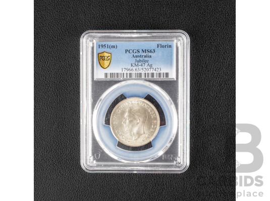 Australian 1951 Silver Florin, Federation, Graded MS63 Choice UNC.