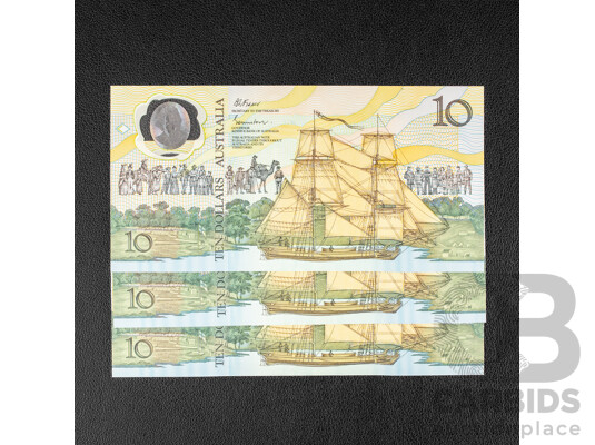 Three Australian 1988 UNC Ten Dollar Notes, Commemorative, Consecutive AB 19431877 - AB 19431879