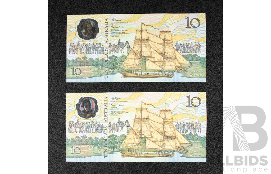 Two Australian 1988 UNC Ten Dollar Notes, Bicentennial , Consecutive R310b