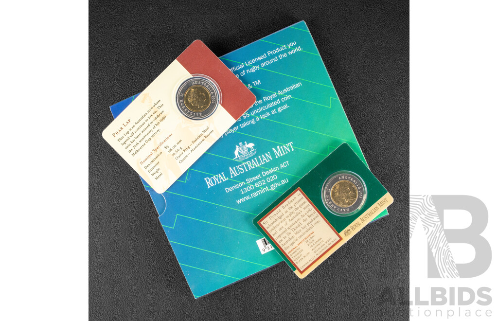 Three Australian Five Dollar Coins, 2000 Phar Lap, 2003 Rugby, 1996 Bradman