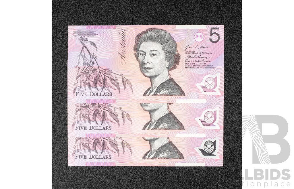 Two 2016 UNC Five Dollar Notes, Stevens/Fraser Consecutive UNC, CB 15996245 - CB 15996246