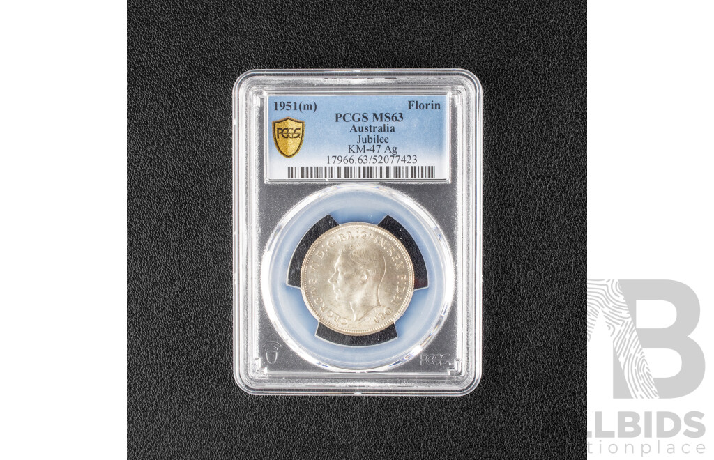 Australian 1951 Silver Florin, Federation, Graded MS63 Choice UNC.