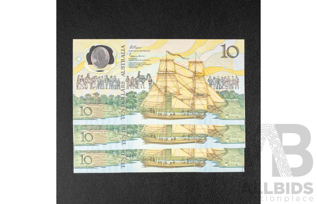 Three Australian 1988 UNC Ten Dollar Notes, Commemorative, Consecutive AB 19431877 - AB 19431879