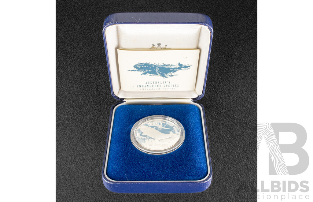 Australian RAM 1996 Silver Proof Ten Dollar Coin. Endangered Species, Southern Right Whale .925