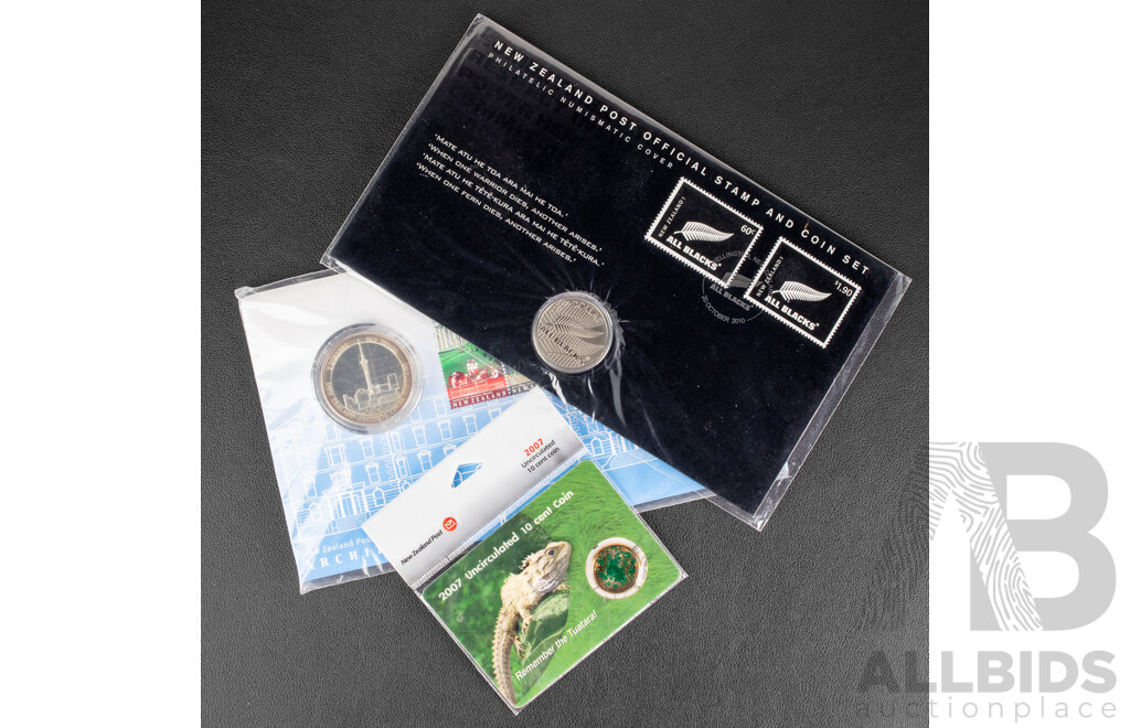 New Zealand 2007 Ten Cent Coin, 2002 Proof Five Dollars, 2010 One Dollar, All Blacks
