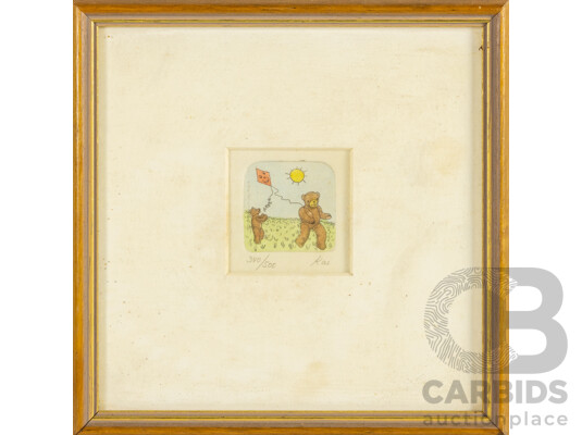 Kai (20th Century), Bears with Scooter & Bears Flying Kite, Pair of Original Vintage Hand Coloured Etchings, 19H x 19W cm (frames) (2)