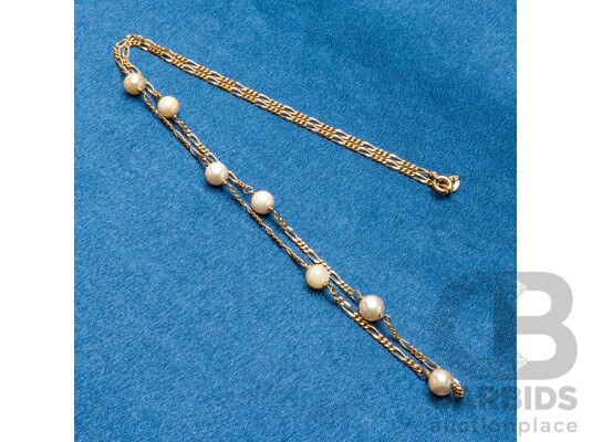 9ct Yellow Gold Figaro Necklace with Pearls. Length - 52cms