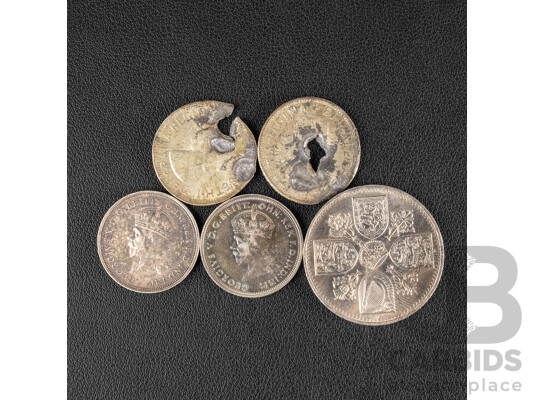 Two Australian 1927 KGV Silver Florins, Parliament House, Damaged 1954 and QE2 Florins and Great Britain 1977 Jubilee Crown