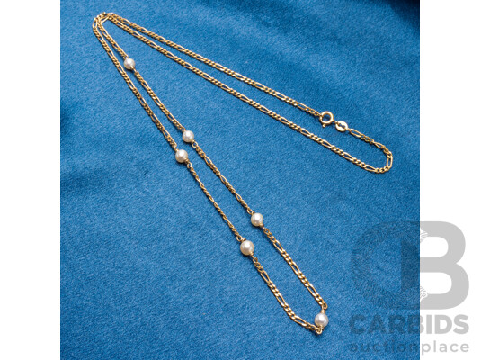 9ct Yellow Gold Figaro Necklace with Pearls. Length - 63.5cms