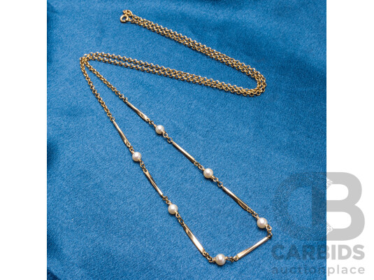 9ct Yellow Belcher & Twisted Bar Pearl Necklace. Length - 79.5cms