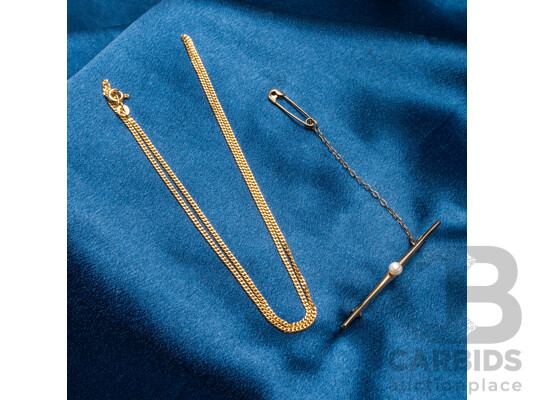 9ct Yellow Gold Pearl Brooch & Fine Necklace - 5.26gms