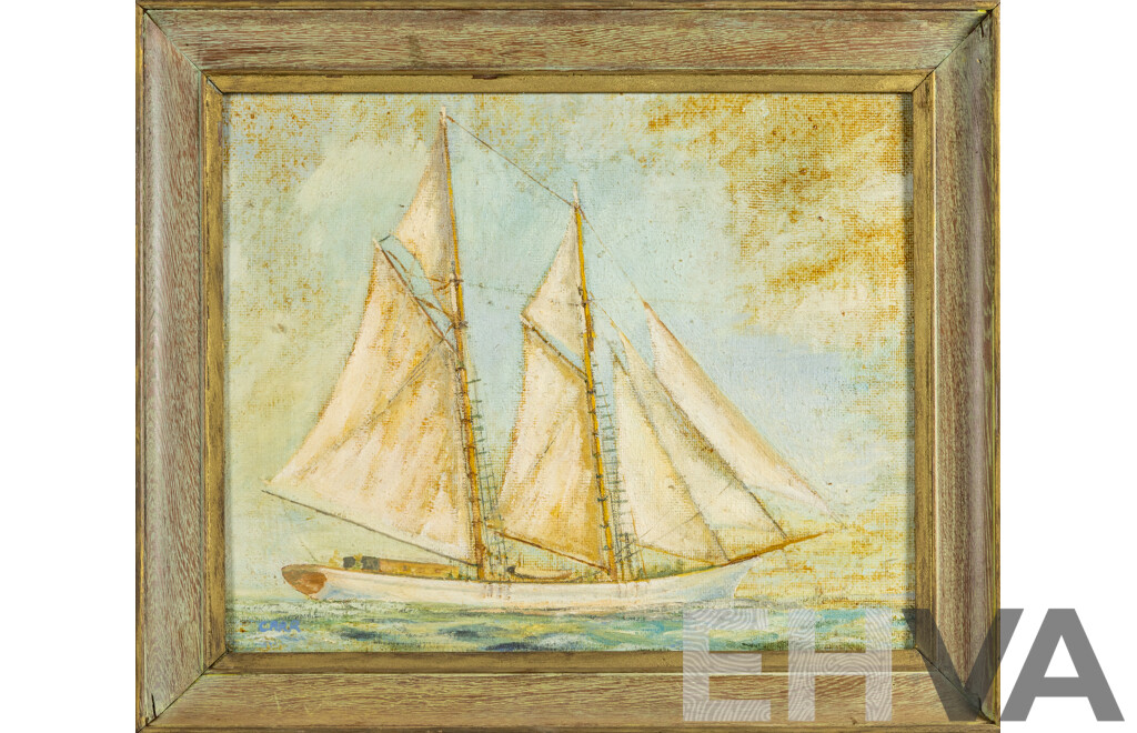 Carr (20th Century), Sailboat, Vintage Oil on Canvas Board, 55H x 65W cm (frame)