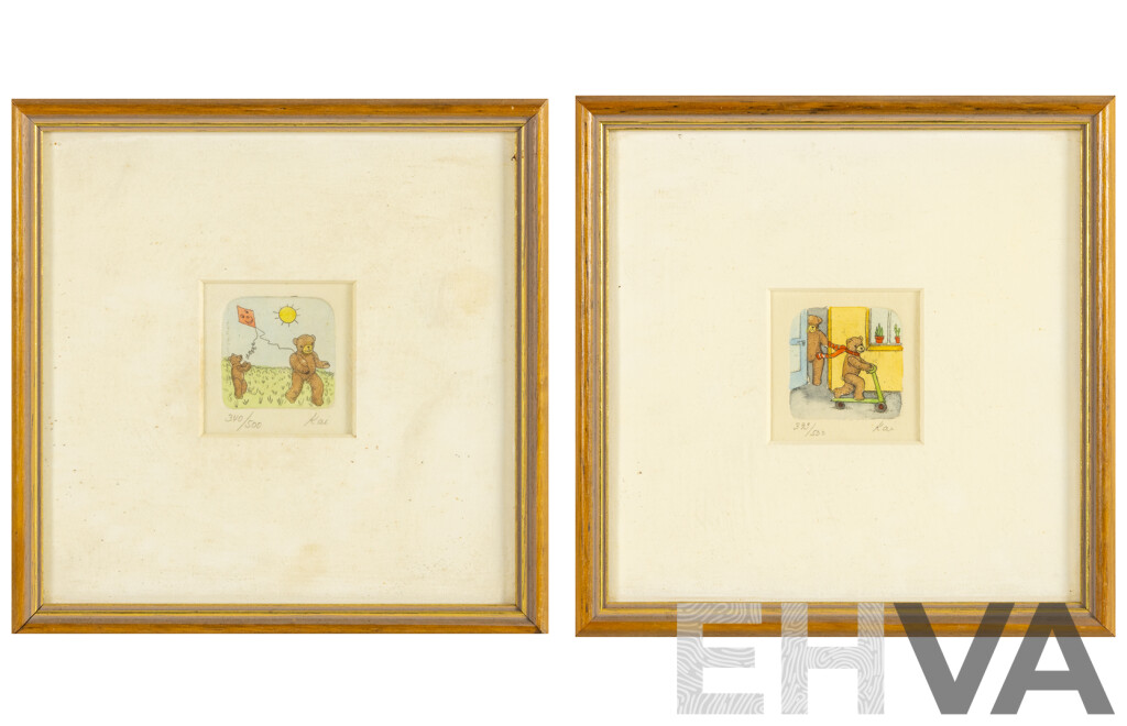 Kai (20th Century), Bears with Scooter & Bears Flying Kite, Pair of Original Vintage Hand Coloured Etchings, 19H x 19W cm (frames) (2)