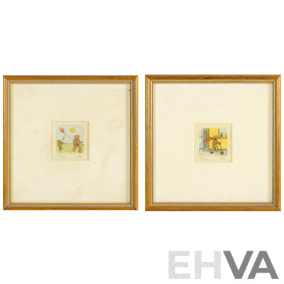 Kai (20th Century), Bears with Scooter & Bears Flying Kite, Pair of Original Vintage Hand Coloured Etchings, 19H x 19W cm (frames) (2)
