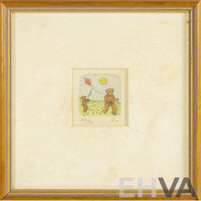 Kai (20th Century), Bears with Scooter & Bears Flying Kite, Pair of Original Vintage Hand Coloured Etchings, 19H x 19W cm (frames) (2)