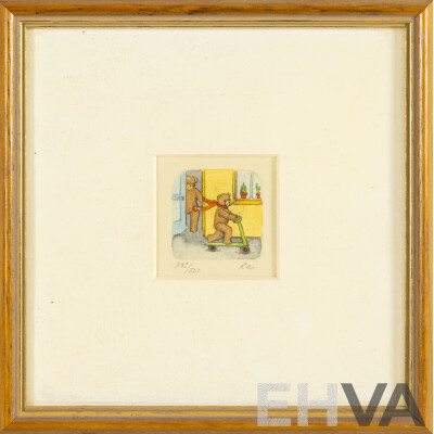 Kai (20th Century), Bears with Scooter & Bears Flying Kite, Pair of Original Vintage Hand Coloured Etchings, 19H x 19W cm (frames) (2)