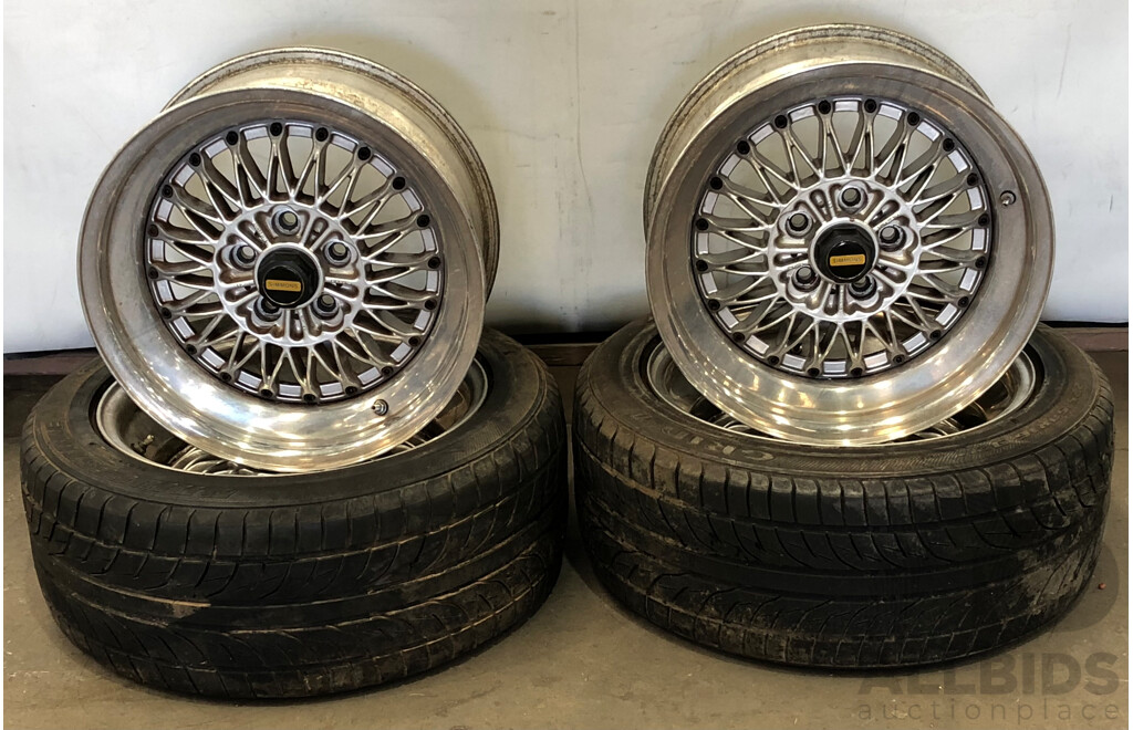 Simmons V5 16 Inch Three Piece Five Stud Alloy Wheels - Set of Four with Two Bridgestone Grid II Tyres