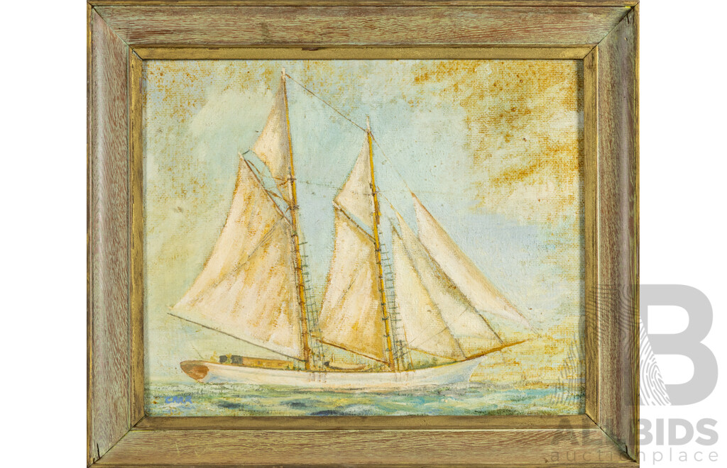 Carr (20th Century), Sailboat, Vintage Oil on Canvas Board, 55H x 65W cm (frame)