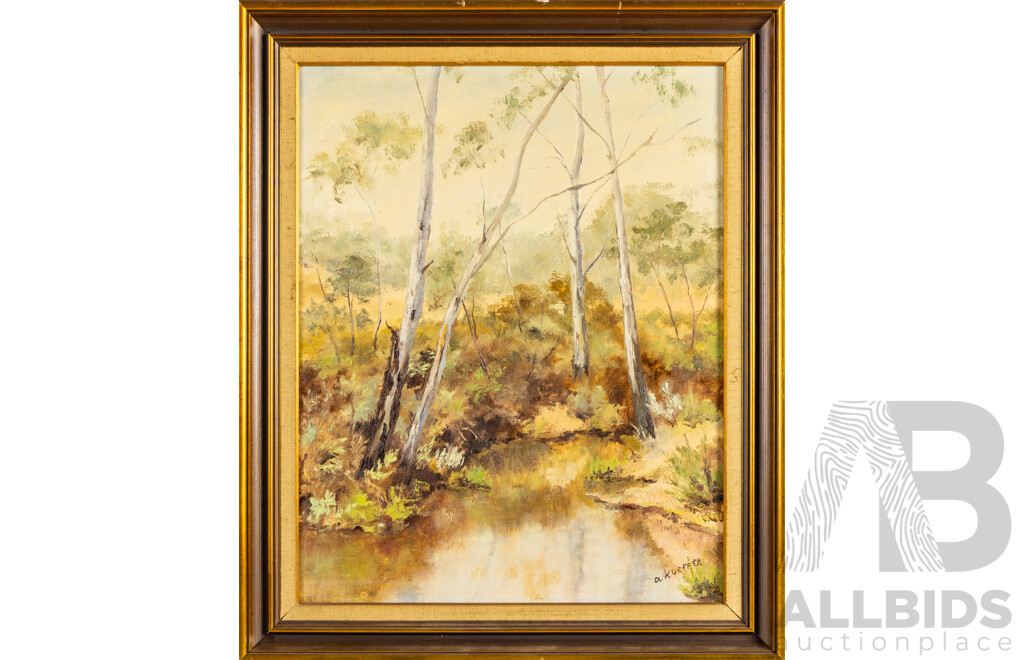 A.Kueffer, (20th Century), Gum Tree Reflections, Original Vintage Oil on Canvas Board, 60H x 50W cm (frame)