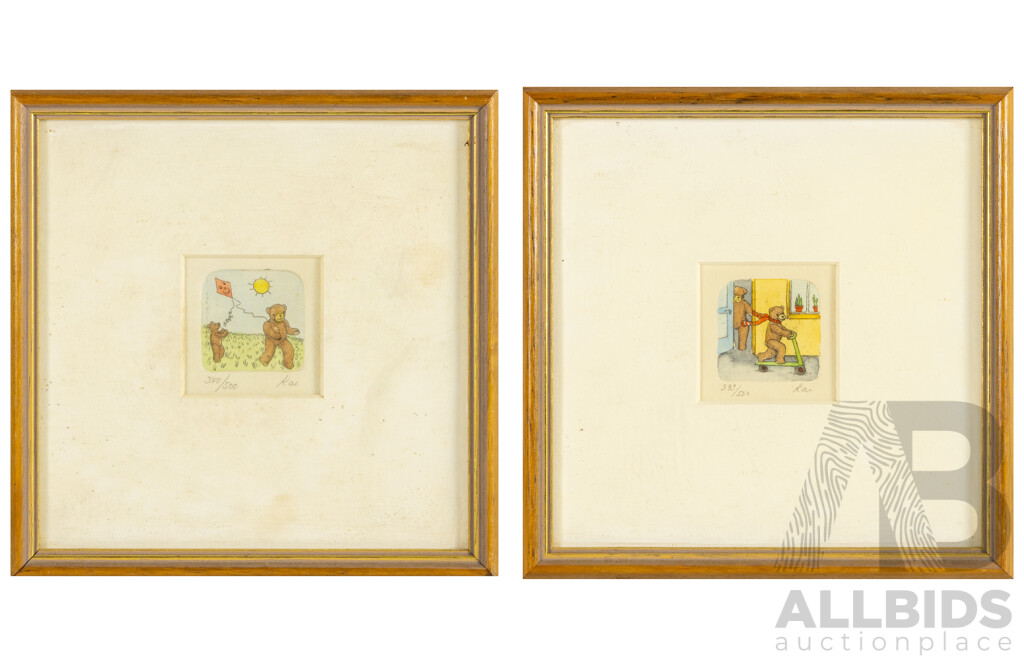 Kai (20th Century), Bears with Scooter & Bears Flying Kite, Pair of Original Vintage Hand Coloured Etchings, 19H x 19W cm (frames) (2)