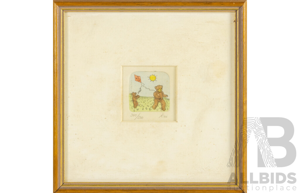 Kai (20th Century), Bears with Scooter & Bears Flying Kite, Pair of Original Vintage Hand Coloured Etchings, 19H x 19W cm (frames) (2)
