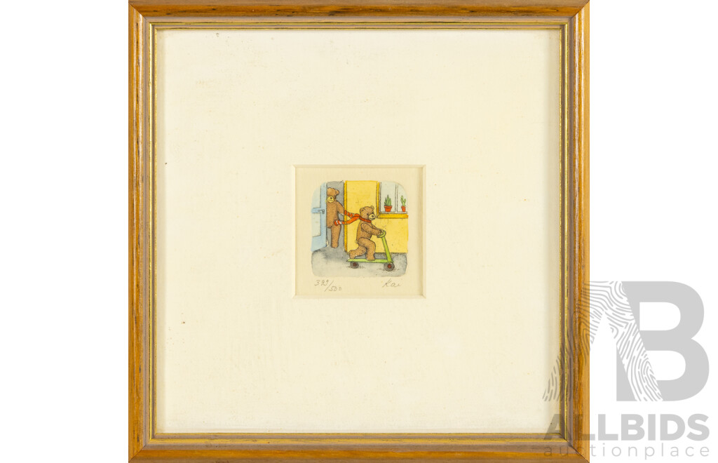 Kai (20th Century), Bears with Scooter & Bears Flying Kite, Pair of Original Vintage Hand Coloured Etchings, 19H x 19W cm (frames) (2)