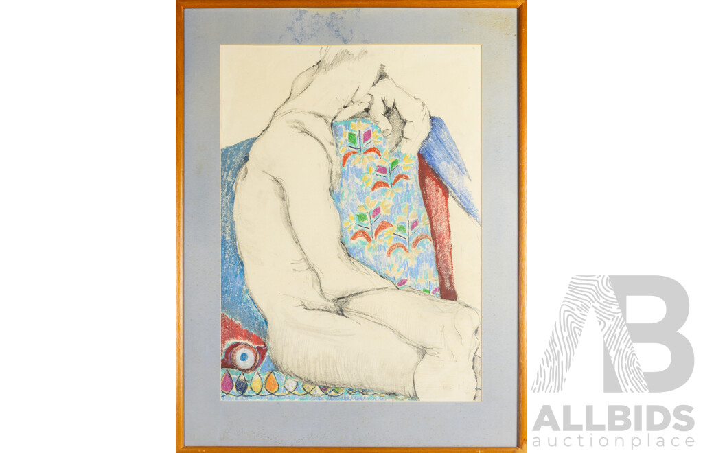 Signed Indistinctly, (20th Century), Seated Nude with Coloured Cushion, Original Vintage Coloured Pastels on Paper, 95H x 73W cm (frame)