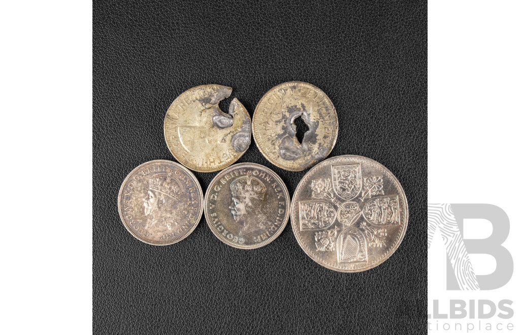 Two Australian 1927 KGV Silver Florins, Parliament House, Damaged 1954 and QE2 Florins and Great Britain 1977 Jubilee Crown
