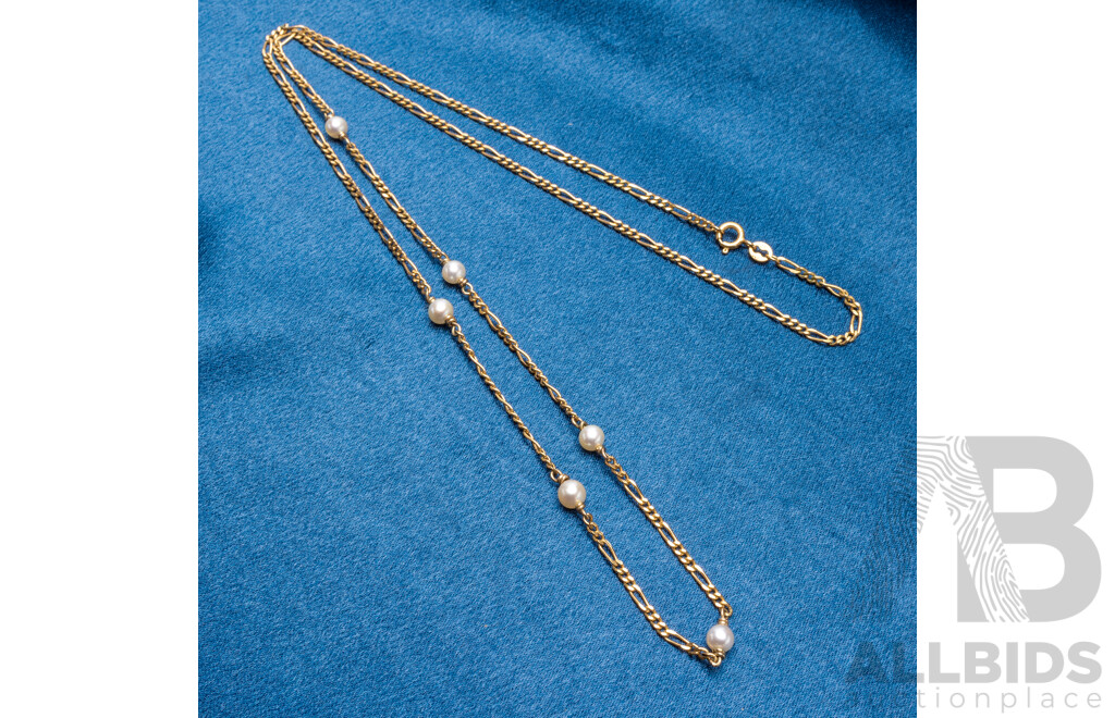9ct Yellow Gold Figaro Necklace with Pearls. Length - 63.5cms