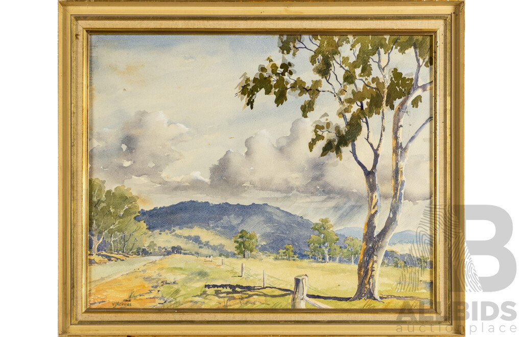 Vivian James McInnes (20th Century, Australian, 1913-1982), The Old Post and Rail, Yarra Valley, Original Vintage Watercolour on Canvas Board, 49H x 58W cm (frame)