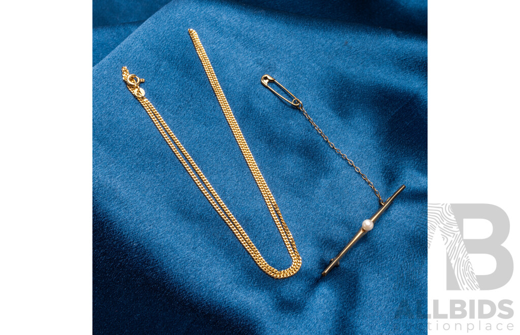 9ct Yellow Gold Pearl Brooch & Fine Necklace - 5.26gms