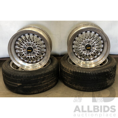 Simmons V5 16 Inch Three Piece Five Stud Alloy Wheels - Set of Four with Two Bridgestone Grid II Tyres
