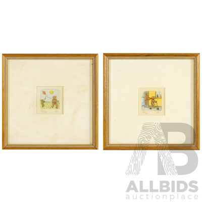 Kai (20th Century), Bears with Scooter & Bears Flying Kite, Pair of Original Vintage Hand Coloured Etchings, 19H x 19W cm (frames) (2)