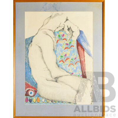 Signed Indistinctly, (20th Century), Seated Nude with Coloured Cushion, Original Vintage Coloured Pastels on Paper, 95H x 73W cm (frame)