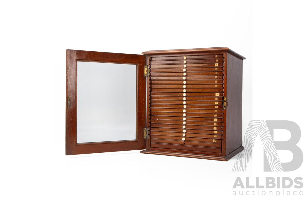 Vintage Mahogany 24 Drawer Glass Fronted Coin Cabinet