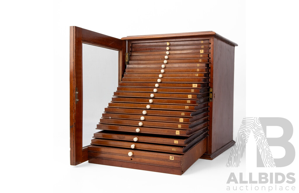 Vintage Mahogany 24 Drawer Glass Fronted Coin Cabinet