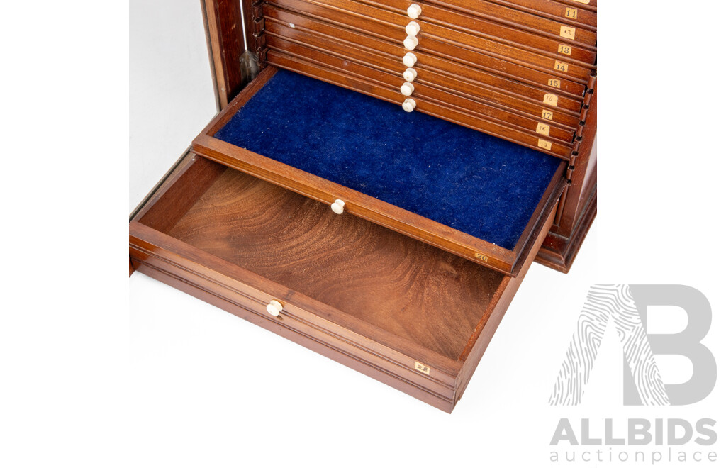 Vintage Mahogany 24 Drawer Glass Fronted Coin Cabinet
