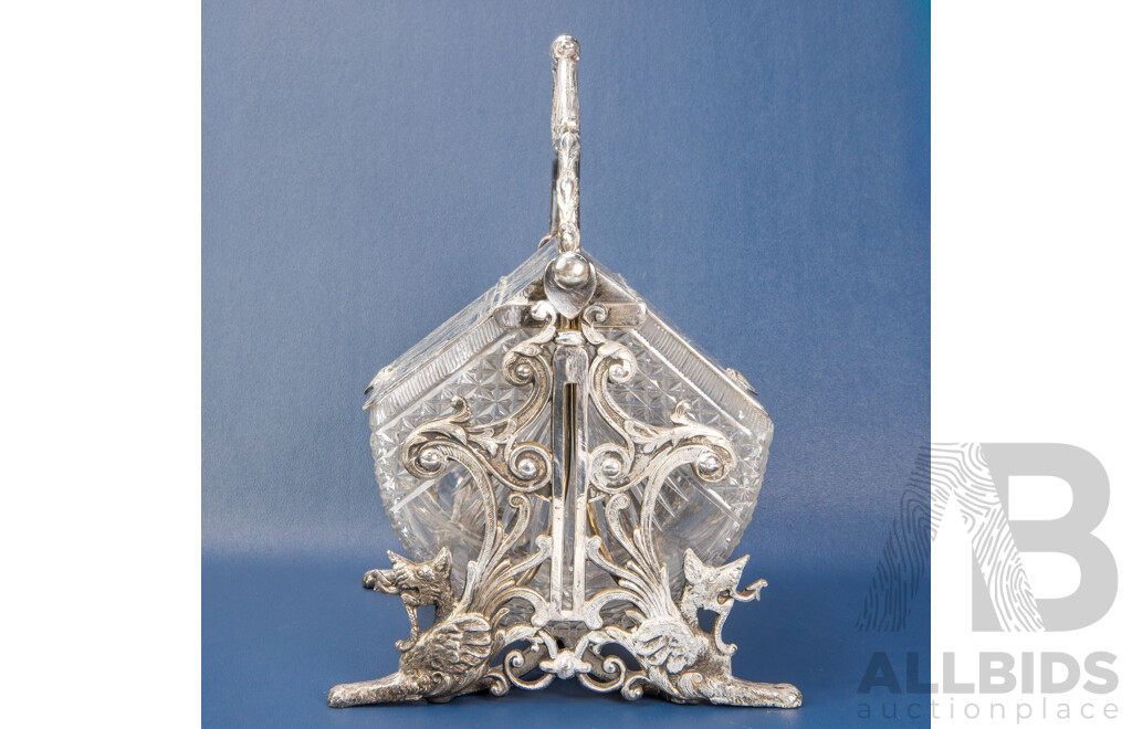 Victorian Silver Plate and Cut-Glass Tilting Biscuit Barrel
